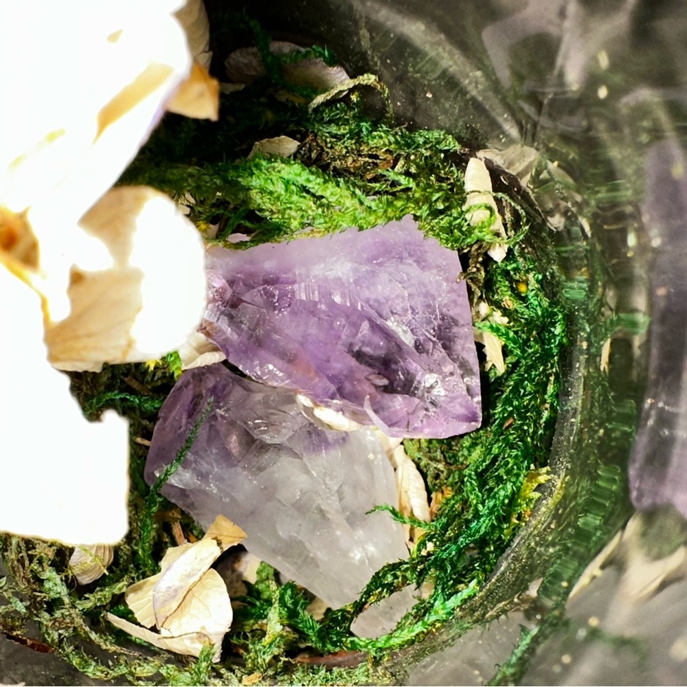 Glass Jar with Dried Wedding Flowers, Green Moss, Two Amethyst Crystal Rocks - Picture 7 of 10